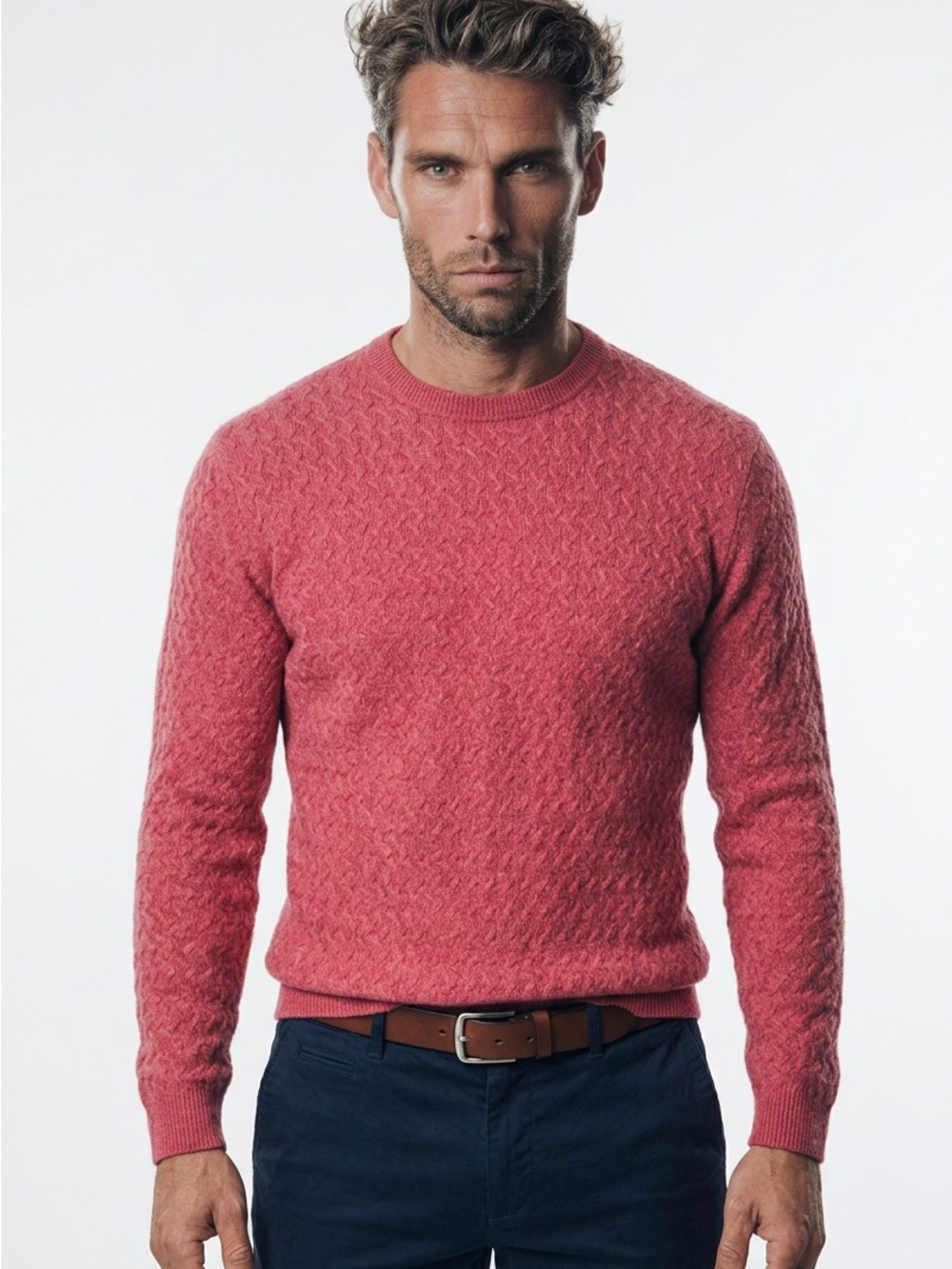 🧥 Alan Flusser Textured Knit Silk Cashmere‎ Sweater – Red – Men’s L
